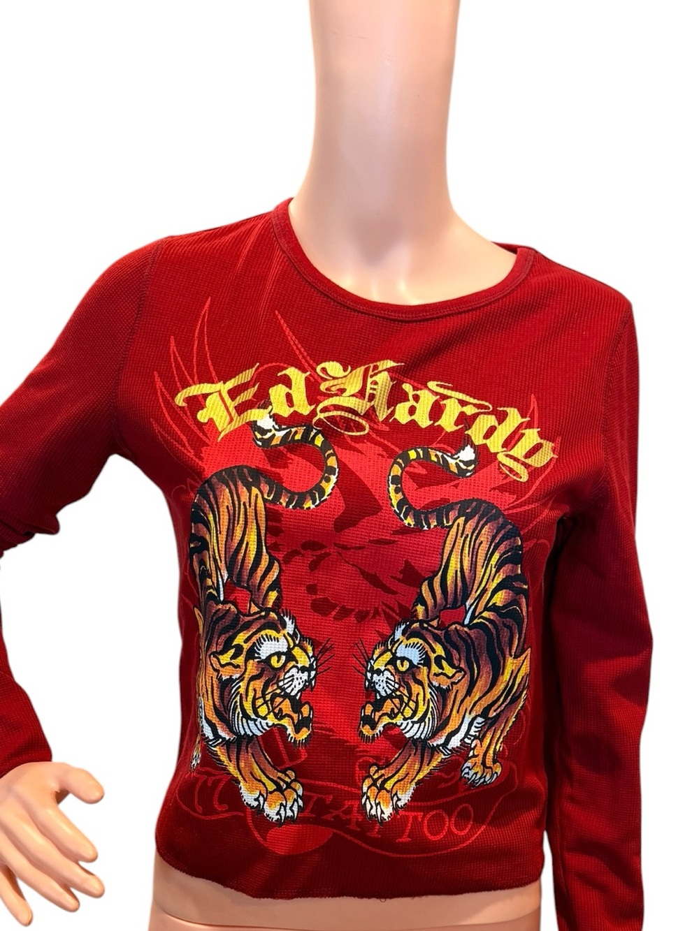 Ed Hardy Red Burgundy Long-Sleeve Shirt Tiger Graphic Waffle Knit Crop Top Large - Picture 4 of 9